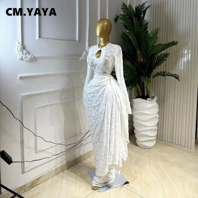 CM.YAYA Women O-neck Ribbon Ruched Long Sleeve Bodycon Maxi Long Dress 2026 Summer Sexy Birthday Party Vacation Trendy Dresses