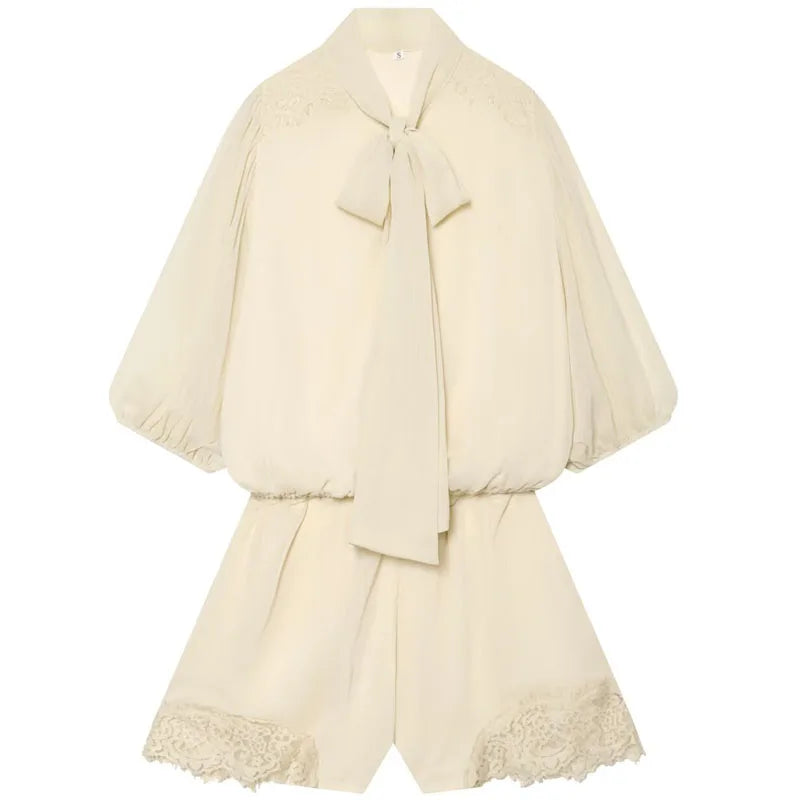 HXAO Lace Bodysuit Women Off White Short Jumpsuit With Bow Ties Puff Short-Sleeved Button Playsuit Summer Casual Baggy Rompers