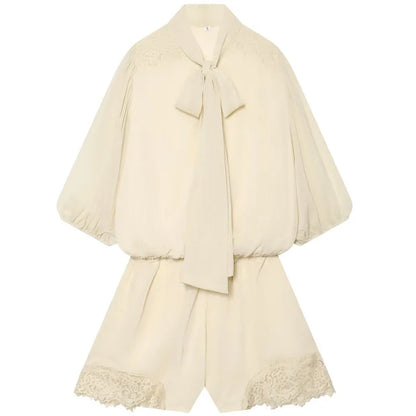 HXAO Lace Bodysuit Women Off White Short Jumpsuit With Bow Ties Puff Short-Sleeved Button Playsuit Summer Casual Baggy Rompers