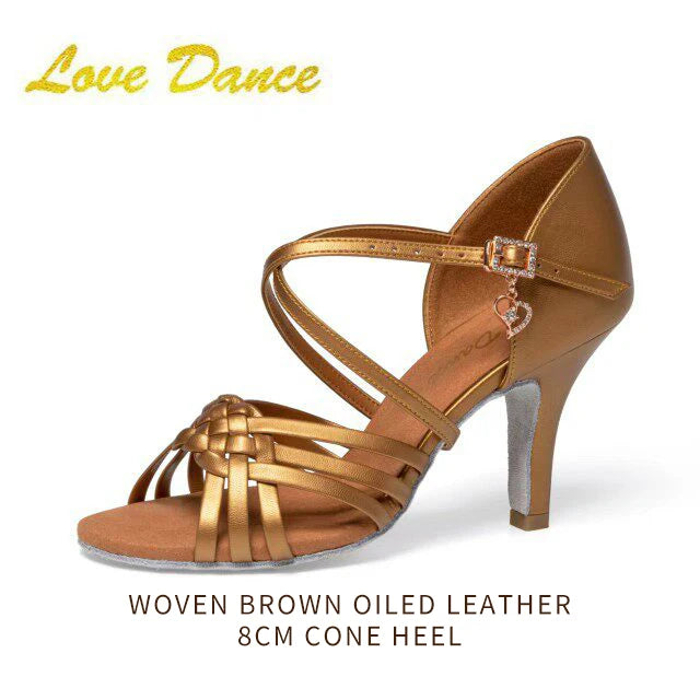 UK Latin Dance Women's Medium-Heel Latin Shoes Brown Oiled Leather Soft Indoor Sole for Competition Daily Practice