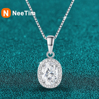 NeeTim Oval Cut Moissanite Necklace Pendant s925 Sterling Silver Necklace Box Chain Necklace Gift for Women Girl Wedding Jewelry