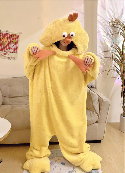 Women Onesies Little Yellow Chicken One-piece Pajamas Flannel Cute Funny Girls Homewear Cartoon Jumpsuit Couple Bestie Sleepwear
