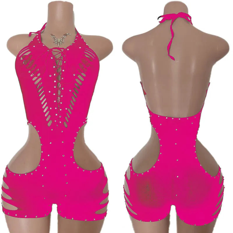 New Style One Piece Exotic Dancewear Sexy Lace-up Hollow-out Rhinestone Patchwork Bodycon Rompers Women Bodysuit Stripper Outfit