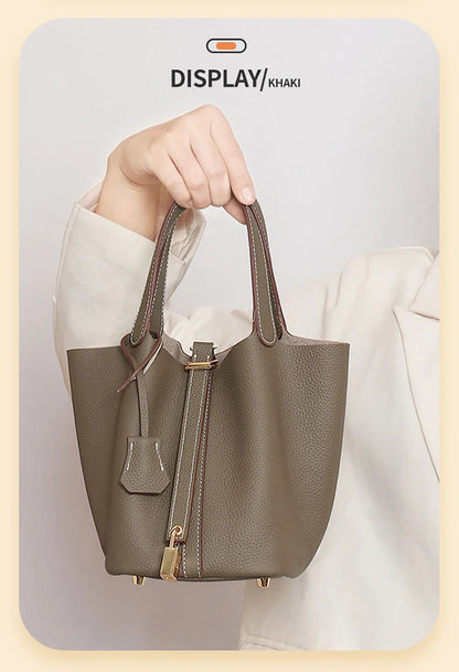 Women Tote Bags 100% Genuine Leather Bucket Female Fashion Solid Designer Shopper Shoulder Handbags Brand Trend Purses