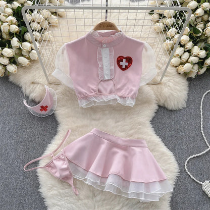 Summer Girls Sexy Hot Sweet Transparent Suspender Mini Dress Women Elastic Waist And Backless Strap Lolita Pajamas Bubble Skirt