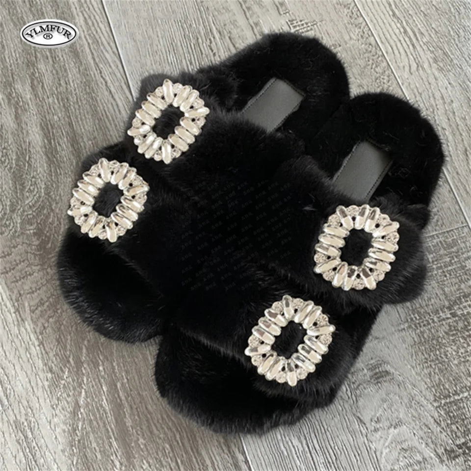 2025 New Women Fur Slippers Shoes Women Warm Winter Crystal Fur Shoes For Women Slippers Casual Plush Comfortable Mink Slippers