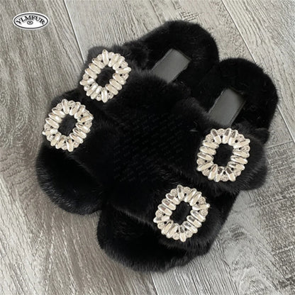 2025 New Women Fur Slippers Shoes Women Warm Winter Crystal Fur Shoes For Women Slippers Casual Plush Comfortable Mink Slippers