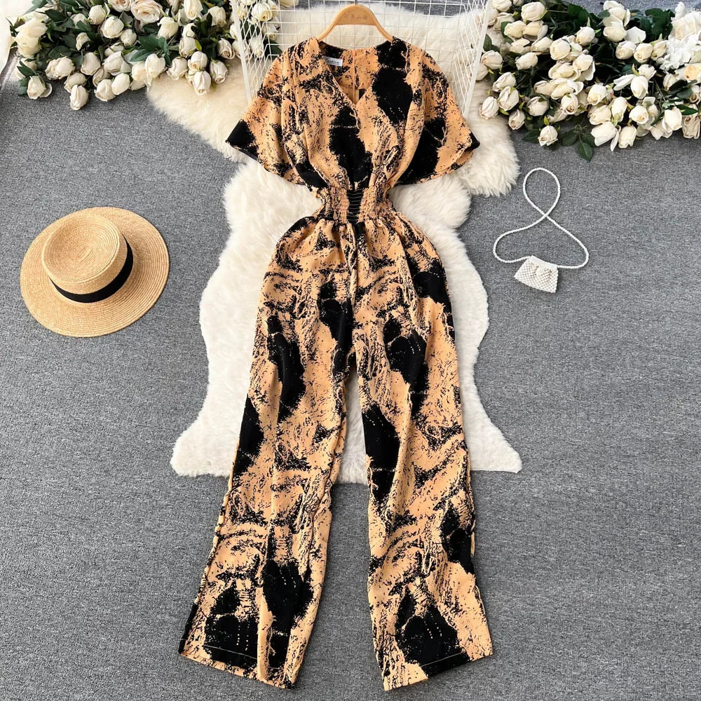 2026 New Summer Beach Summer Floral Jumpsuits Fashion V Neck Elastic Slim Short Sleeve Streetwear Vacation Retro Long Rompers