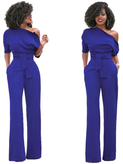 High Quality 2025 Spring Women's Casual Jumpsuits One Shoulder Slash Neck Button Romper Full Length Jumpsuit Wide Legs Jumpsuit