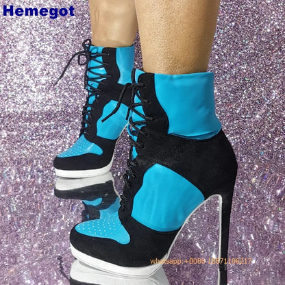 Sports Lace Up Women's Short Boots 2024 Thick Sole Round Toe Mixed Color Stilettos Autumn Winter New Street Style Casual Rock Bo