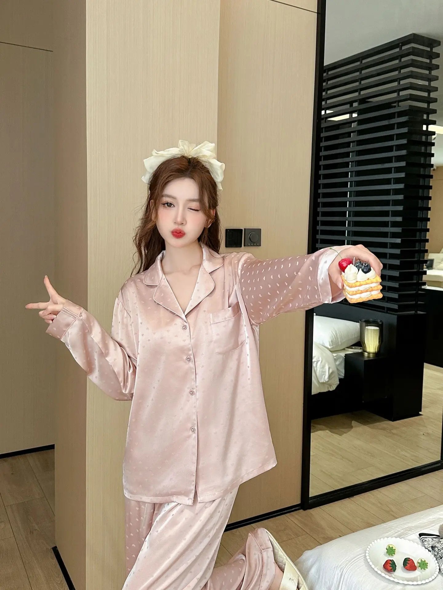 Women's New Arrival Silk-Feel Ice-Silk Lightweight Long-Sleeve Pajama Set Two-Piece Comfortable Homewear Suit