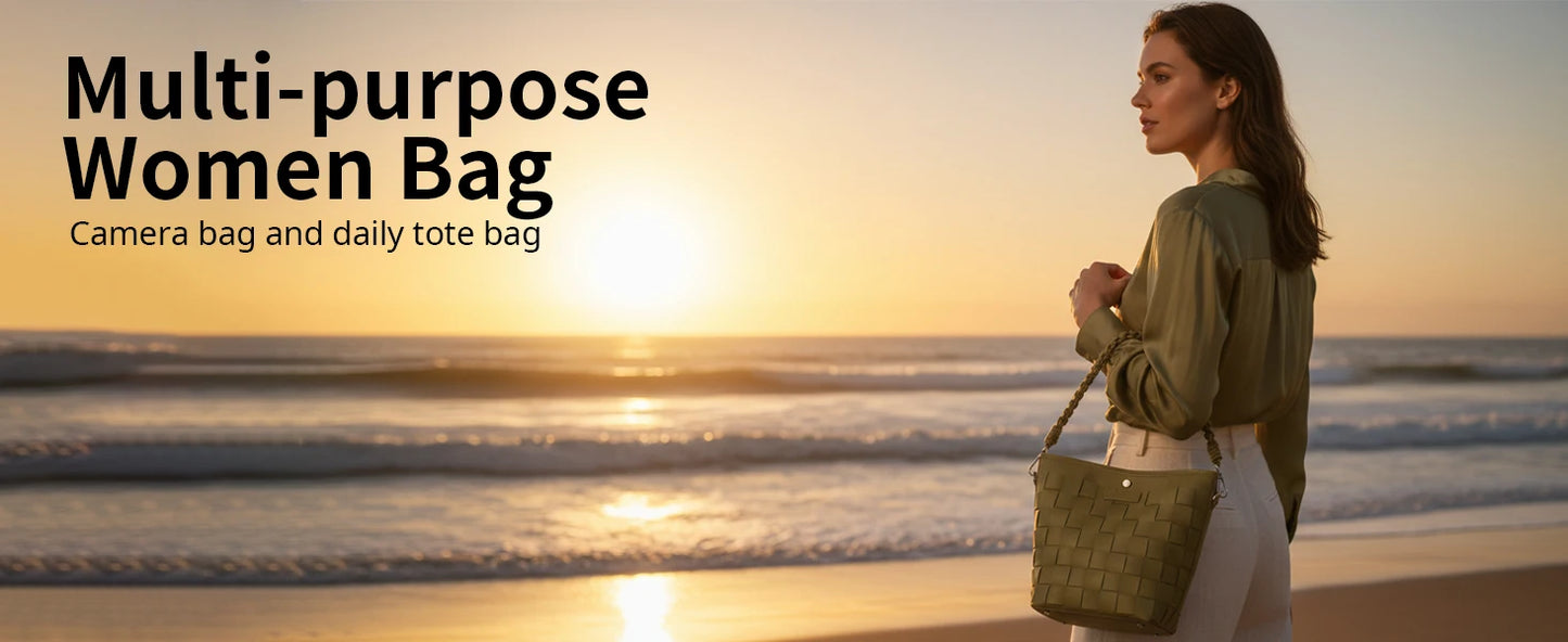Besnfoto Camera Bag Stylish Woven Leather Shoulder Bucket Bag with Detachable Drawstring Pouch Removable Strap Vintage Crossbody Handbag Case for DSLR Mirrorless Camera Lens Sony Canon Nikon Women