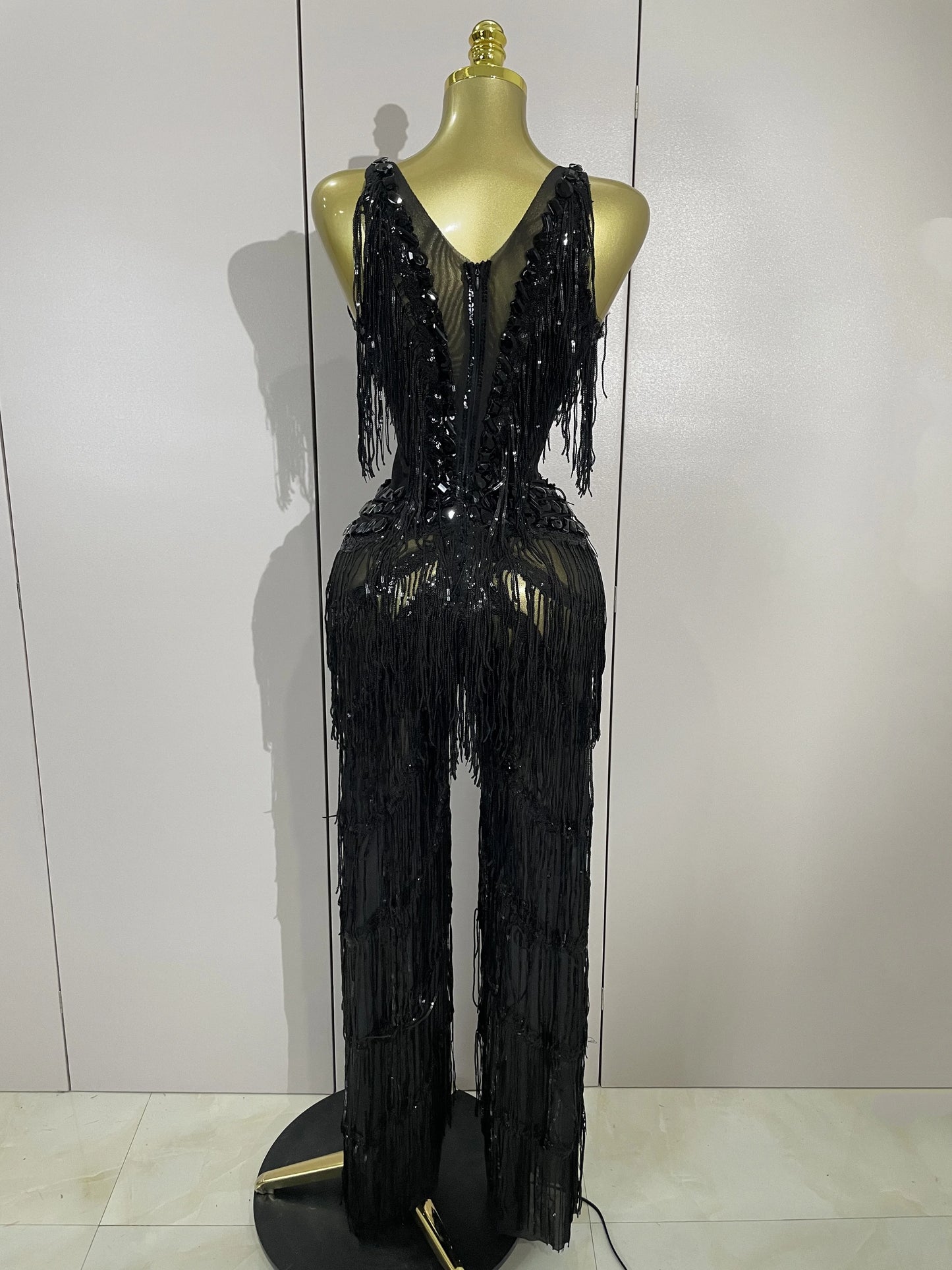 Sparkly Black Rhinestones Sequined Fringe Jumpsuit Women Sexy Nightclub Party Birthday Outfit Show Singer Stage Perform Costume