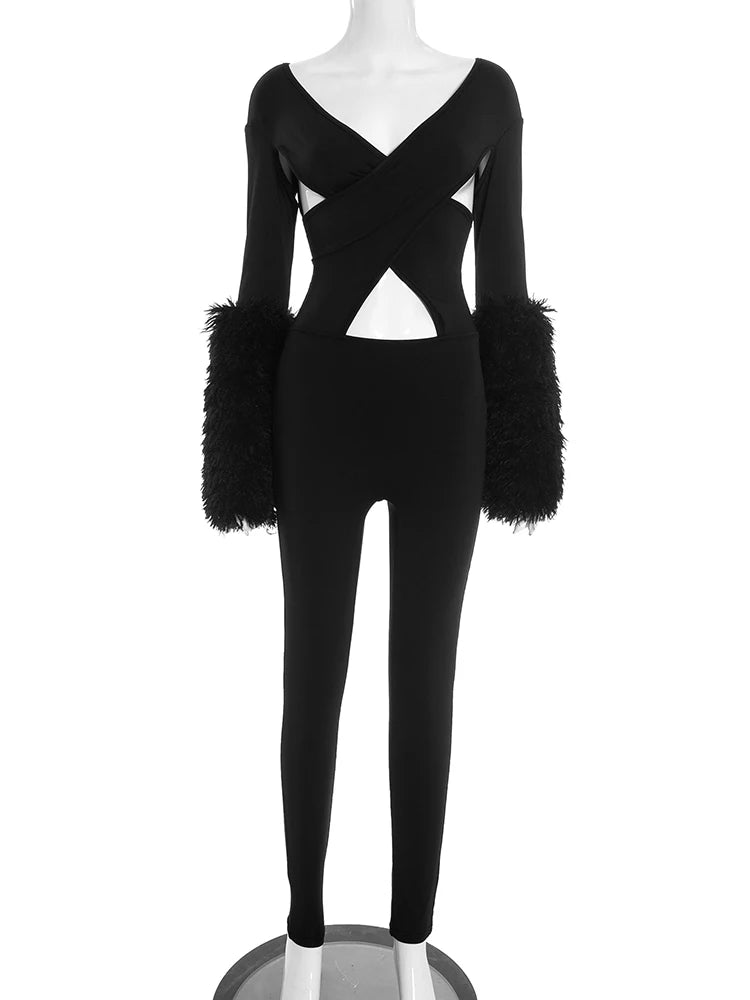 Weird Puss Cross Hollow Jumpsuit Women Sexy Fit Fur Patchwork Full Sleeve Workout Activity Streetwear Stretch Tight Overalls