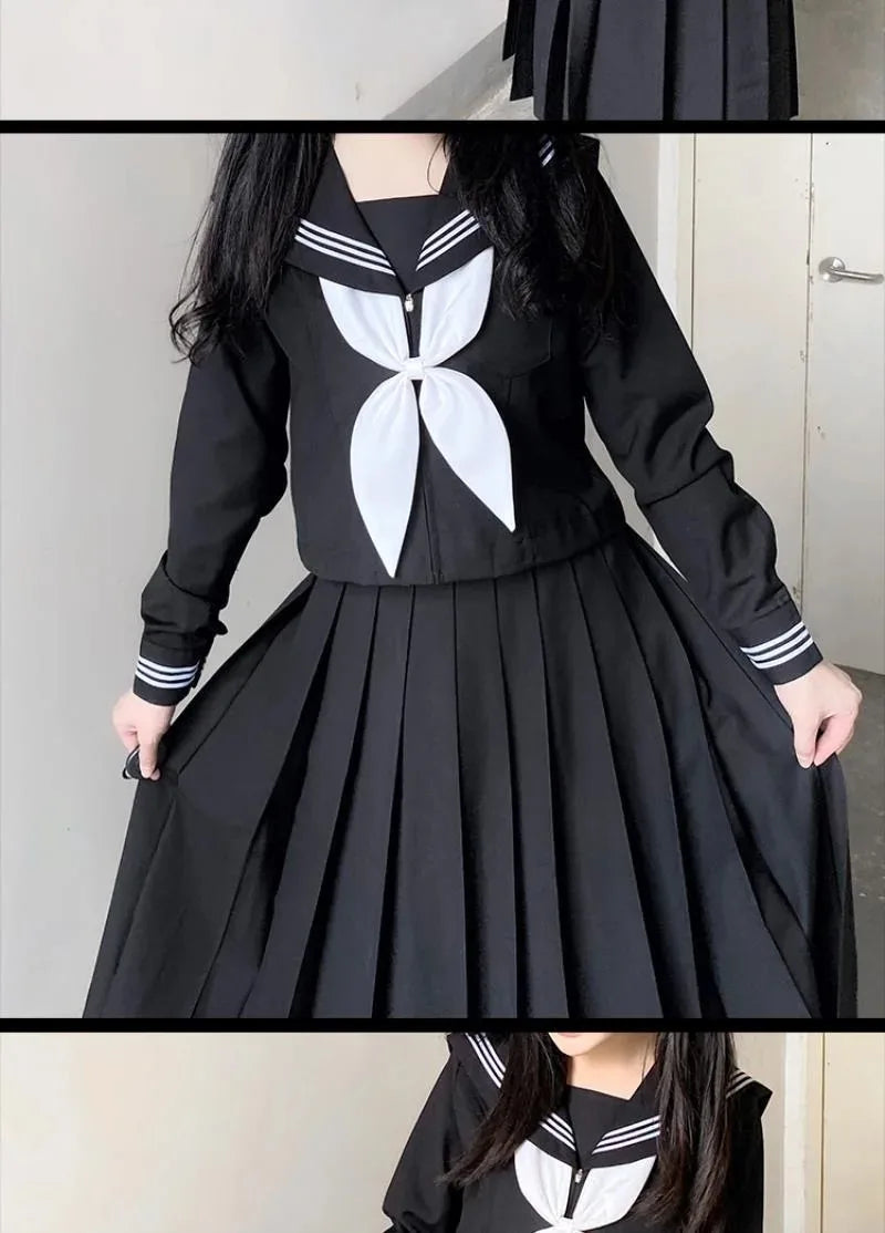 Japanese School Uniforms Student Style Girls Navy Costume Women Sexy Black JK Long Dress Suit Sailor Blouse Pleated Skirt Set