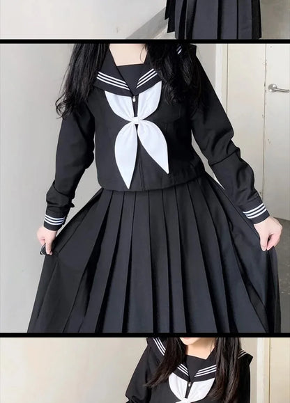 Japanese School Uniforms Student Style Girls Navy Costume Women Sexy Black JK Long Dress Suit Sailor Blouse Pleated Skirt Set