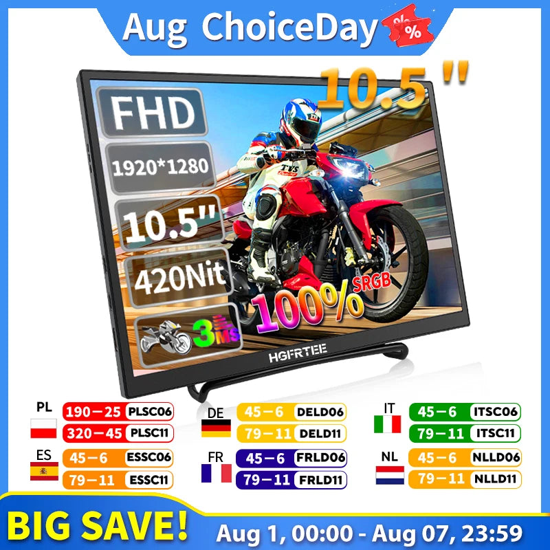 HGFRTEE 10.5 inch Portable Monitor 420Cd/m ² FHD 1280P 100% SRGB Laptop Second Screen For Mac Xbox PS4/5 Switch