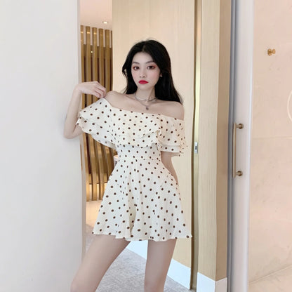 2025 Summer New Women Korean Off-shoulder Short Jumpsuit Female Chiffon Polka-dot Playsuits Ladies Short Sleeve Thin Rompers P73