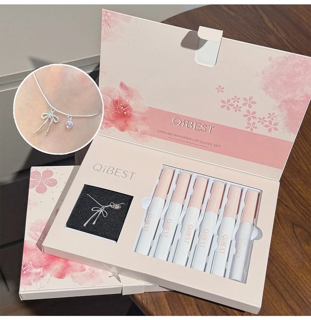 QIBEST 6Pcs/Box Matte Lipstick Sets And Mirror Watery Lip Glaze Lasting Lip Makeup Sets Moisturizing Lipgloss Necklace Gift