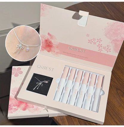 QIBEST 6Pcs/Box Matte Lipstick Sets And Mirror Watery Lip Glaze Lasting Lip Makeup Sets Moisturizing Lipgloss Necklace Gift
