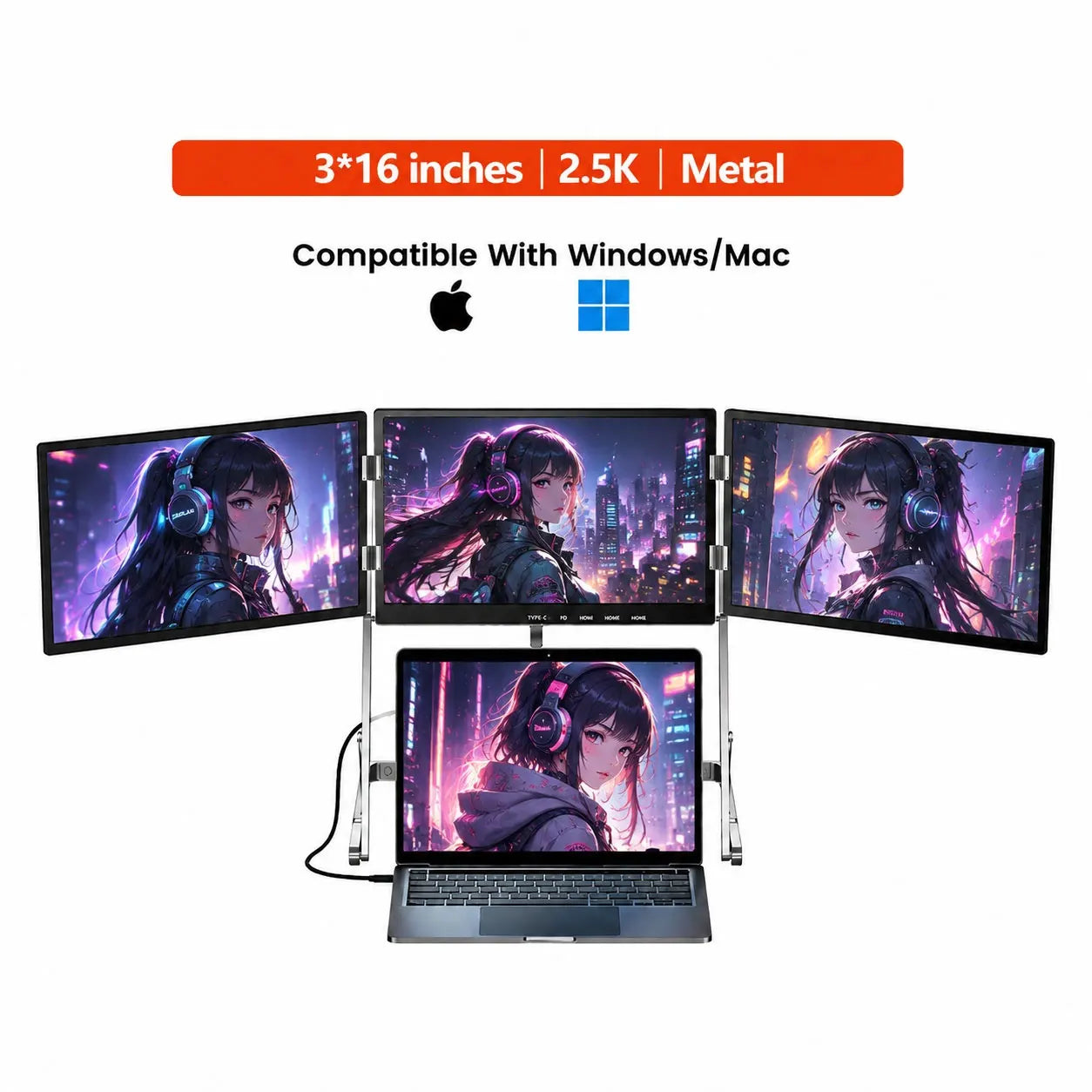 Sibolan 16 inch 2.5K Three Screen Portable Monitor 60Hz 100% sRGB Metal Body HDMI USB-C Laptop Display Extender For Wins mac OS