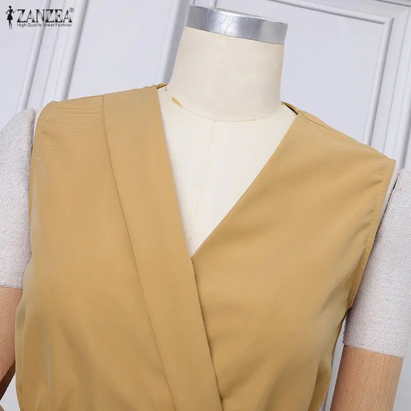 ZANZEA Women Jumpsuits Solid Sleeveless V Neck Rompers Elegant Office Ladies Clothing European Bottoms Pockets Casual Overalls