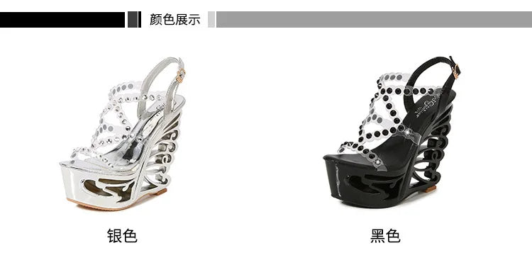 15cm Buckle Strap Sexy Ladies High Heels Strange Style Summer Novelty Hollow Out Wedge Platform Sandals Nightclub Women Pumps