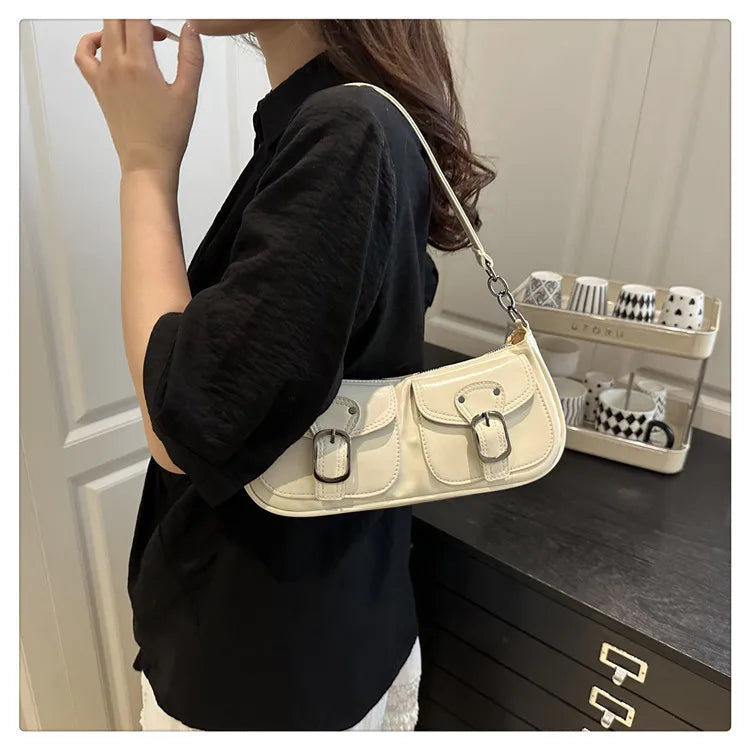 Fashion Pu Leather Women's Shoulder Bag Small Double Pocket Design Ladies Underarm Bags Y2k Vintage Female Handbags Clutch Purse