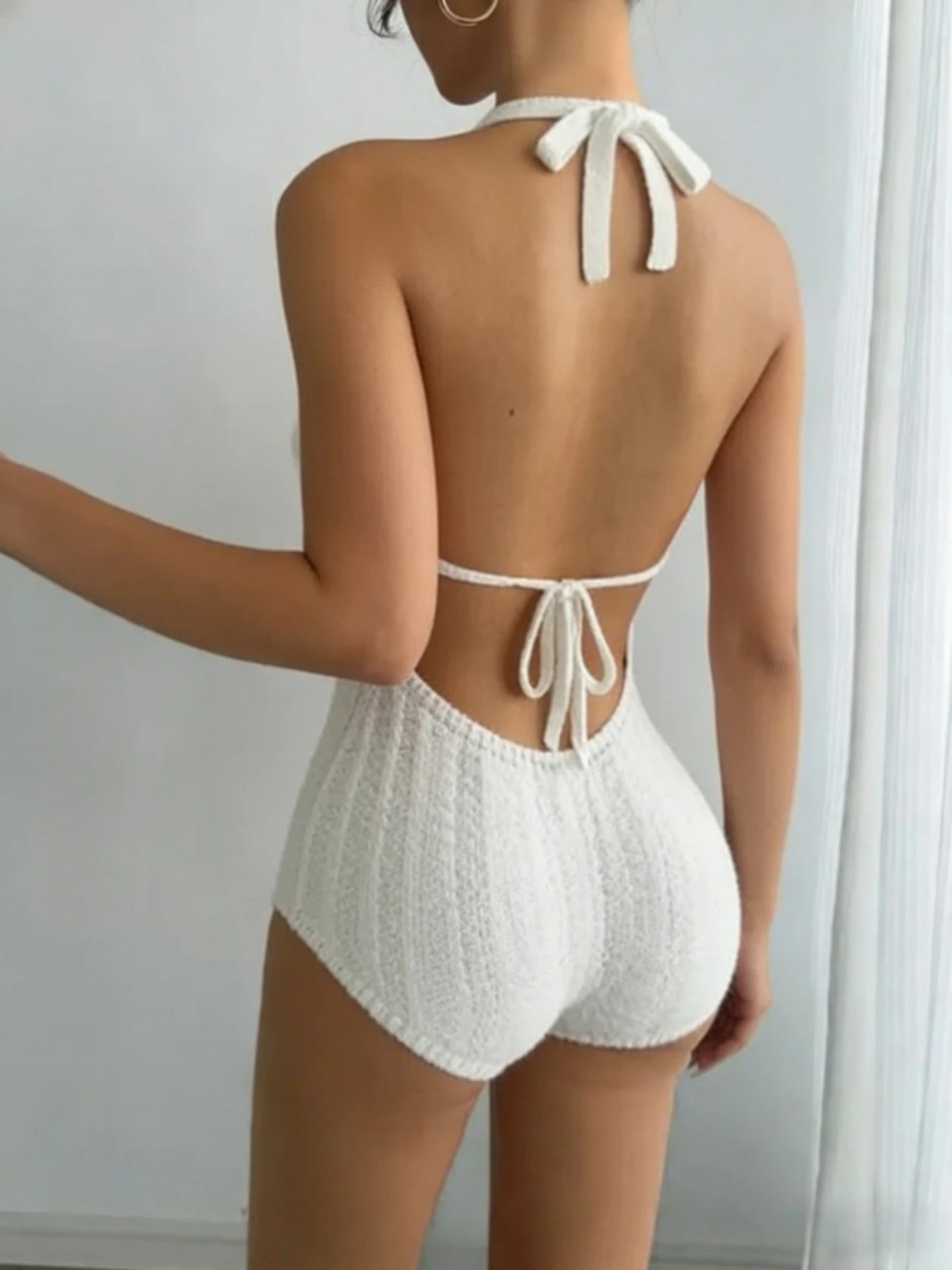 2026 Women's Boho Crochet Halter Romper White Backless Slim Fit Knitted Bodysuit for Beach Vacation Summer Festival