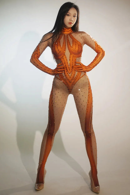Sexy Full Diamond Long Sleeved Jumpsuit Ballroom Pole Dancer Performance Outfit Fashionable Club Suit Women's Photography