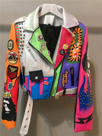 3xl women and men rivet beading pu leather jacket hit color streetstyle Graffiti outerwear letters printed leather jackets