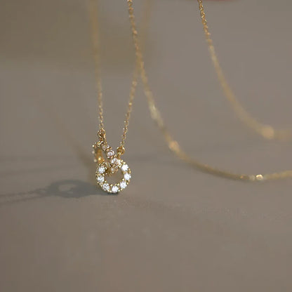 925 Sterling Silver Interlocking Diamond Necklace Light Luxury Double Ring Zircon Pendant Collarbone Chain Simple Jewelry