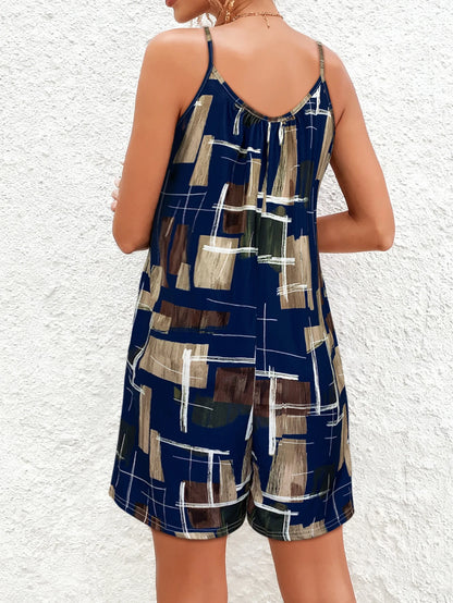 Women's Plaid Brush Print Spaghetti Strap Romper, V Neck Loose Short Jumpsuit With Side Pockets,Summer Daily Beach Outfits