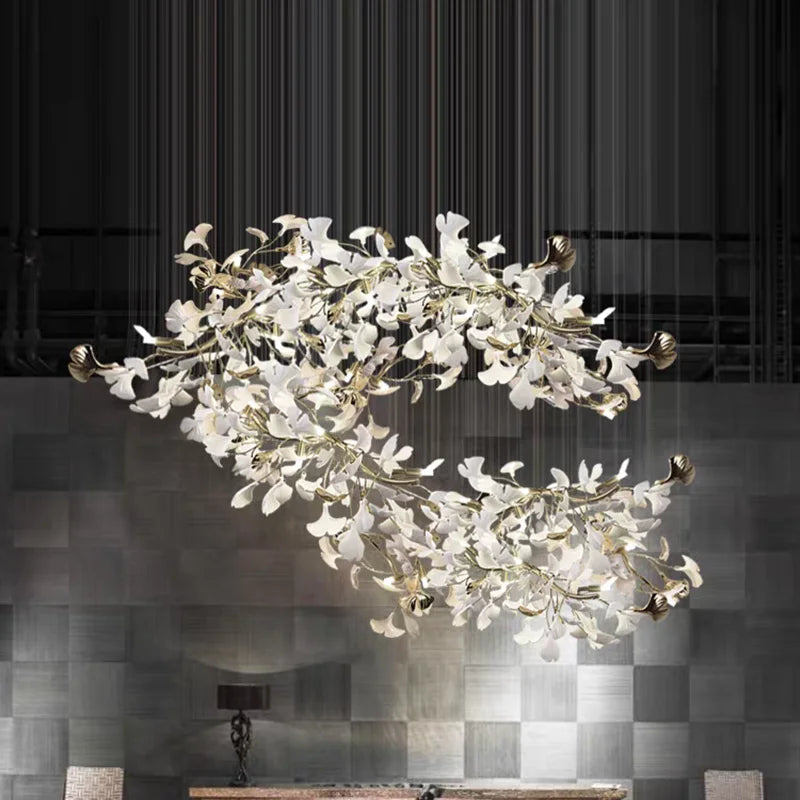 Ginkgo Leaves Loft Hanging Chandelier Light For High Ceiling Staircase Living Dining Room Modern White Porcelain Leaf Chandelier