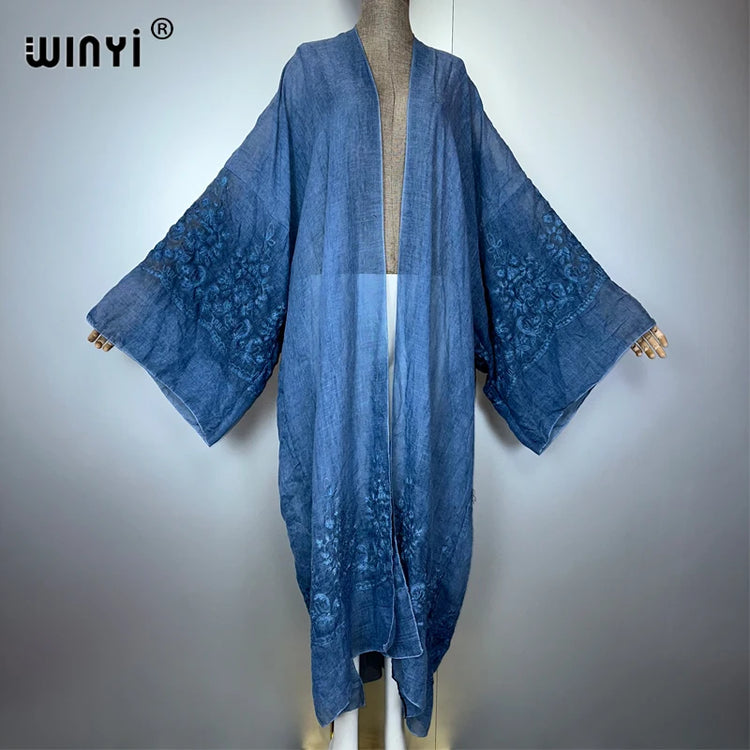 WINYI Kimono Hand-Dyed Embroidered Cardigan Beachwear Evening Dress Abaya Dubai Luxury Cover-Ups Beach Outfits Women Maxi Coat