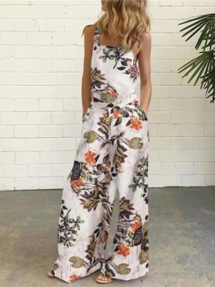 Women Summer Loose Printed Jumpsuits Sleeveless Bib Overalls Siamese Button Wide Leg Pants Long Trousers Female Fashion Clothing