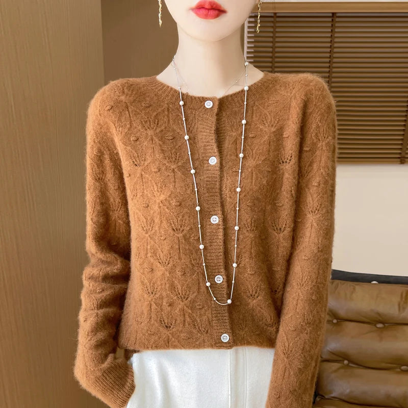 New Autumn Winter Soft Warm Cardigan Woman Cashmere Sweater O-neck Women 100% Merino Wool Sweater Loose Fit Hollow out Top Coat