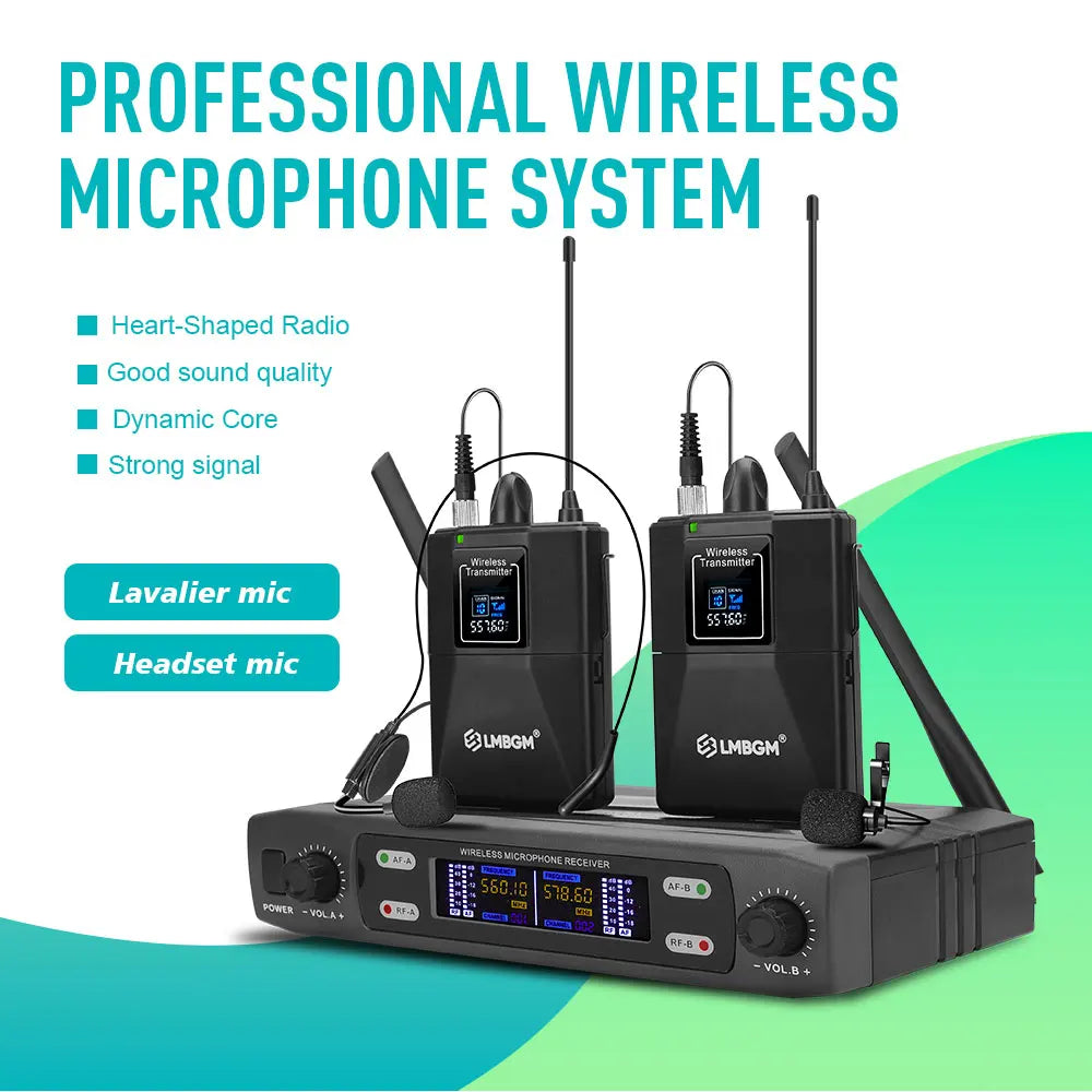 LMBGM R22 2Channel UHF Wireless Lavalier Microphone & Headset System, Professional Dual Frequency Wireless Receiver Set with 2 Bodypack Transmitters, Cardioid Condenser Lapel Mic for Stage Show, Church, Teaching, Speech, Publ