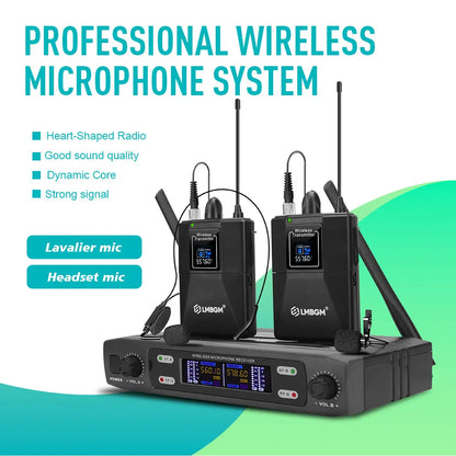 LMBGM R22 2Channel UHF Wireless Lavalier Microphone & Headset System, Professional Dual Frequency Wireless Receiver Set with 2 Bodypack Transmitters, Cardioid Condenser Lapel Mic for Stage Show, Church, Teaching, Speech, Publ