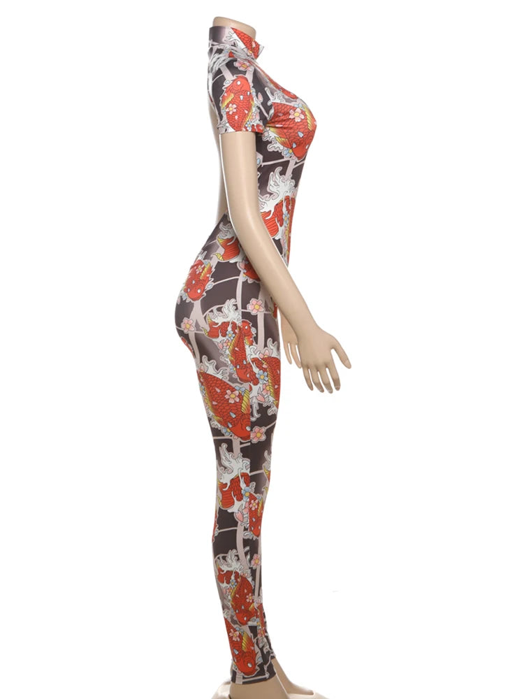 kliou Sexy Printed Women Jumpsuits Fashion New Back Hollow Full Sleeve Stand Collar Slim Overalls Female Midnight Party Clubwear