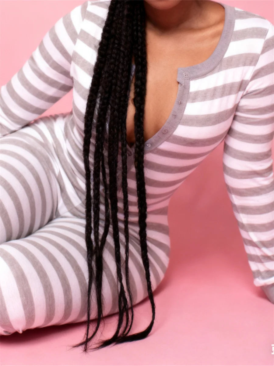 Women Lounge Jumpsuits Long Sleeve Botton Down Stripe Bodycon Pajamas Romper