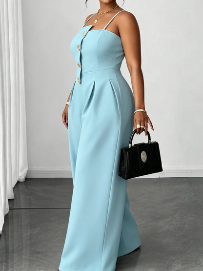 Plus Size Women Elegant Spaghetti Strap Jumpsuit Front Gold Button Pleated High Waist Wide Leg Pants Formal Party Long Jumpsuit