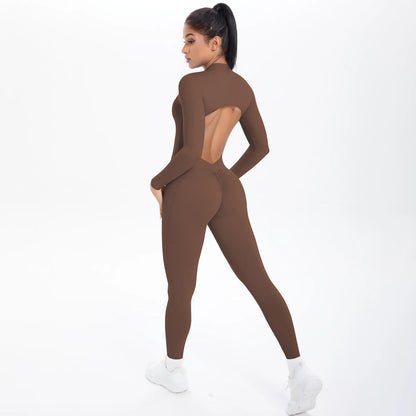 Solid Color Bodysuits for Woman's Backless Long Sleeved Zipper Yoga Jumpsuits High Dtrength Workout Sports Fitness Clothing Set