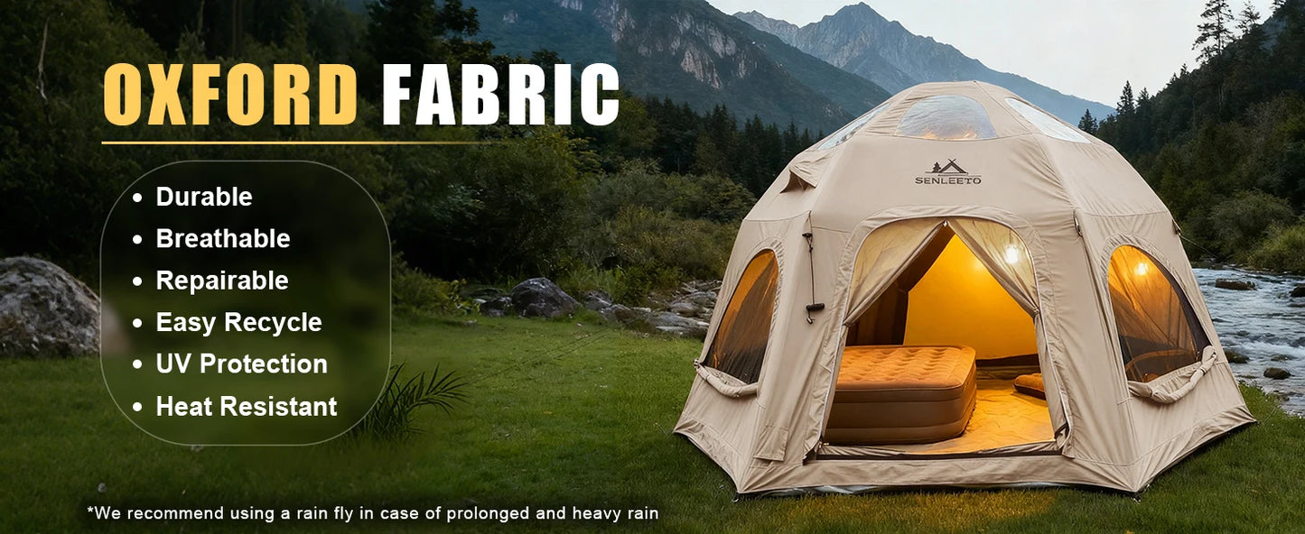 SENLEETO Inflatable Tent Glamping Dome Tent 420D Oxford Large Family Camping Tent with Rainfly Extension All Around View Luxury Outdoor House Tent