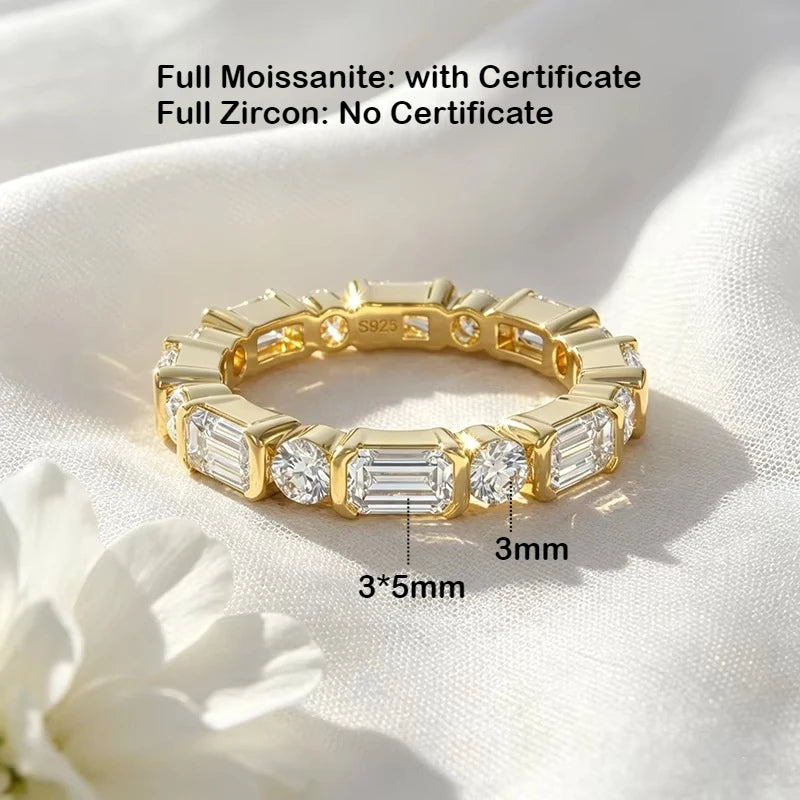 3mm Round Emerald Cut Moissanite Full Eternity Ring for Women S925 Silver Bezel Lab Diamond Promise Wedding Band Fine Jewelry