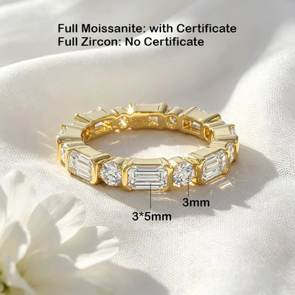 3mm Round Emerald Cut Moissanite Full Eternity Ring for Women S925 Silver Bezel Lab Diamond Promise Wedding Band Fine Jewelry