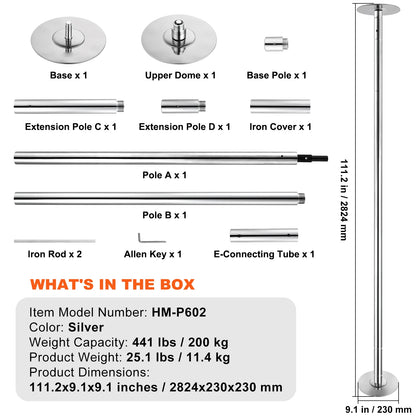 SucceBuy Professional Dancing Pole Spinning Static Dancing Pole Kit Portable Removable Pole 45mm Heavy-Duty Stainless Steel Pole