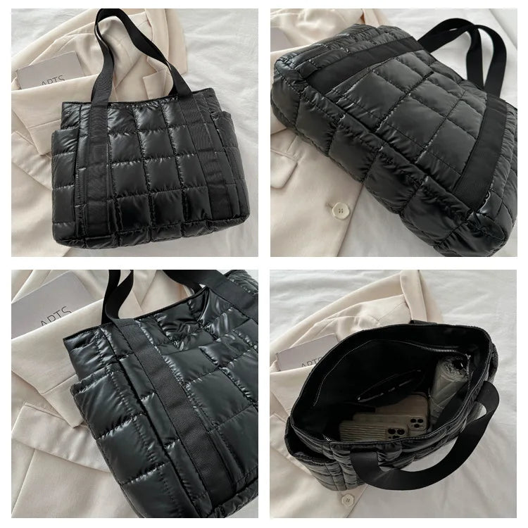 Space Padded Women Shoulder Bags For Winter 2025 Large Capacity Black Handbags Designer Nylon Cotton Warm Tote Solid