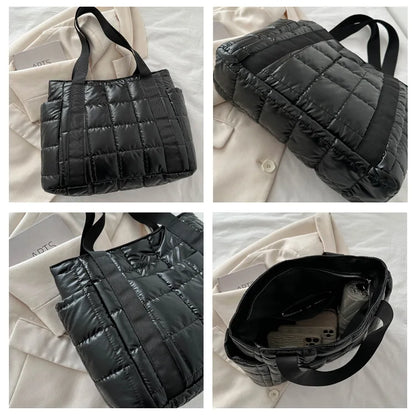 Space Padded Women Shoulder Bags For Winter 2025 Large Capacity Black Handbags Designer Nylon Cotton Warm Tote Solid