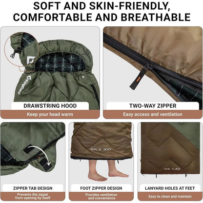 KingCamp Sleeping Bag for Adults, Cold Weather XL Big & Tall (74.8"x33.1" Fits 6.6ft), Cotton Flannel Lining & 300g/㎡ Hollow Fiber Fill (Comfort 44.6°F), Lightweight with Compression Sack, 2-Way Zipper for Couples, Outdoor
